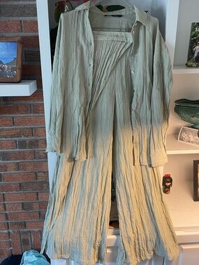 Zara Light Sage Crinkled Wide-Leg Jumpsuit Set